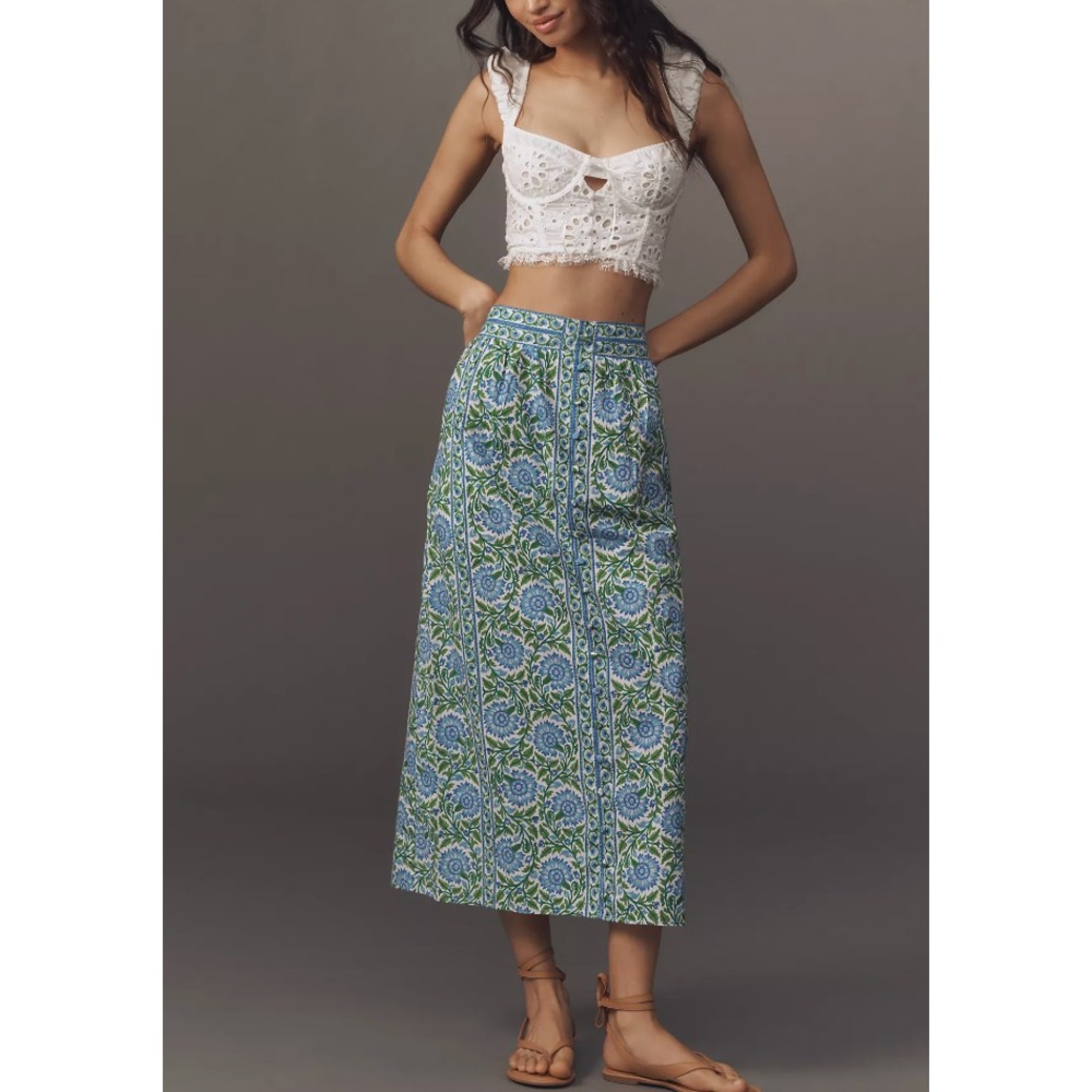 Anthropologie Pink City Prints Freya Midi Skirt Womens Large Floral Blue Coastal